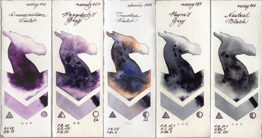 Rosa Gallery 749 Quinacridone Violet vs Roman Szmal Aquarius 401 Przybyszs Grey vs Shminke Horadam Aquarell 983 Tundra Violet vs 737 Paynes Grey vs 724 Neutral Black watercolor swatch