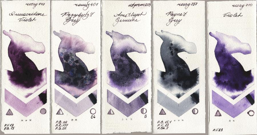 Rosa Gallery 749 Quinacridone Violet vs Roman Szmal Aquarius 401 Przybyszs Grey vs Daniel Smith 203 Amethyst Genuine vs 737 Paynes Grey vs 710 Violet watercolor swatch