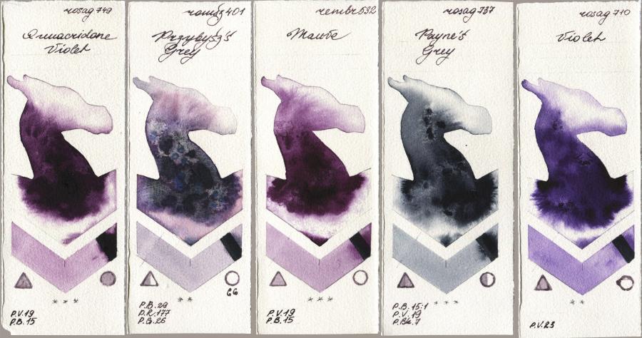 Rosa Gallery 749 Quinacridone Violet vs Roman Szmal Aquarius 401 Przybyszs Grey vs Royal Talens Rembrandt Watercolour 532 Mauve vs 737 Paynes Grey vs 710 Violet watercolor swatch