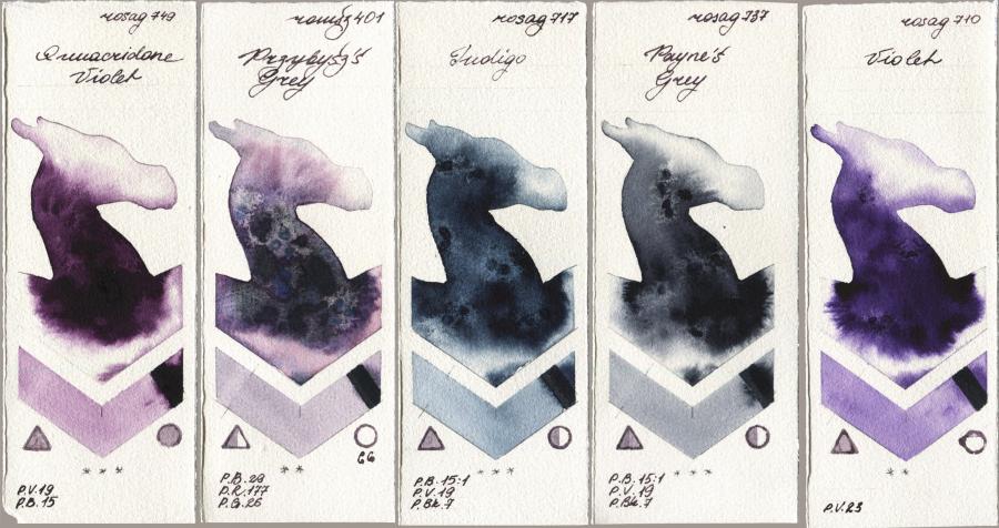 Rosa Gallery 749 Quinacridone Violet vs Roman Szmal Aquarius 401 Przybyszs Grey vs 717 Indigo vs 737 Paynes Grey vs 710 Violet watercolor swatch