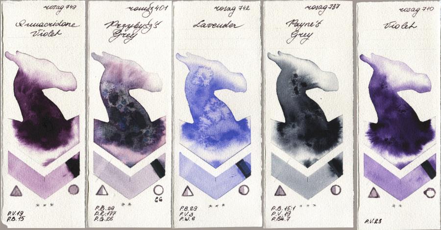 Rosa Gallery 749 Quinacridone Violet vs Roman Szmal Aquarius 401 Przybyszs Grey vs 742 Lavender vs 737 Paynes Grey vs 710 Violet watercolor swatch