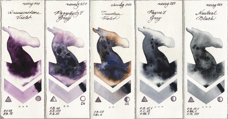 Rosa Gallery 749 Quinacridone Violet vs Roman Szmal Aquarius 401 Przybyszs Grey vs Shminke Horadam Aquarell 983 Tundra Violet vs 737 Paynes Grey vs 724 Neutral Black watercolor swatch