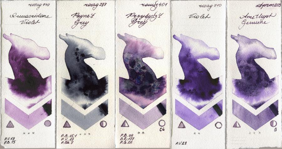 Rosa Gallery 749 Quinacridone Violet vs 737 Paynes Grey vs Roman Szmal Aquarius 401 Przybyszs Grey vs 710 Violet vs Daniel Smith 203 Amethyst Genuine watercolor swatch