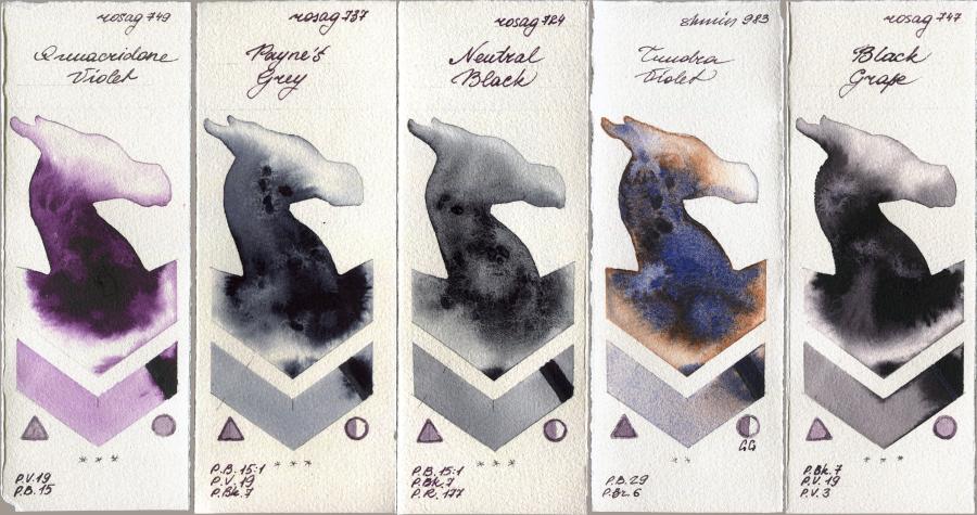 Rosa Gallery 749 Quinacridone Violet vs 737 Paynes Grey vs 724 Neutral Black vs Shminke Horadam Aquarell 983 Tundra Violet vs 747 Black Grape watercolor swatch