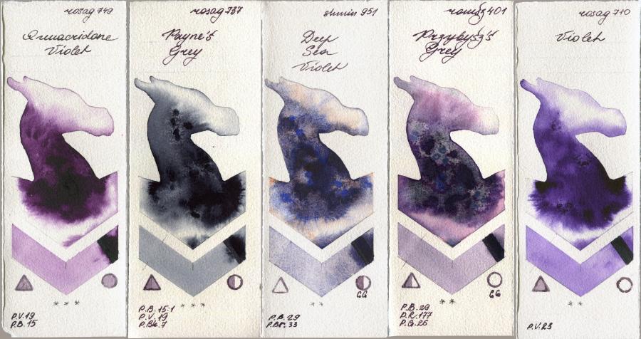 Rosa Gallery 749 Quinacridone Violet vs 737 Paynes Grey vs Shminke Horadam Aquarell 951 Deep Sea Violet vs Roman Szmal Aquarius 401 Przybyszs Grey vs 710 Violet watercolor swatch
