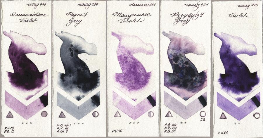 Rosa Gallery 749 Quinacridone Violet vs 737 Paynes Grey vs Daniel Smith 261 Manganese Violet vs Roman Szmal Aquarius 401 Przybyszs Grey vs 710 Violet watercolor swatch