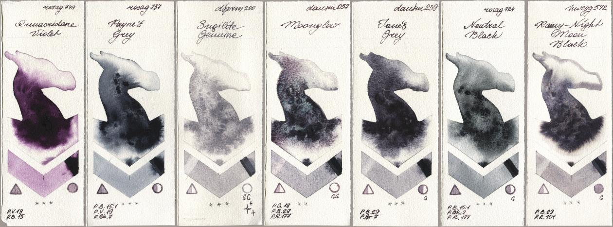 Rosa Gallery 749 Quinacridone Violet, 737 Paynes Grey, Daniel Smith 200 Sugilite Genuine, 057 Moonglow, 239 Janes Grey, 724 Neutral Black, Holbein Artists Watercolor 572 Rainy-Night Moon Ba watercolor swatch