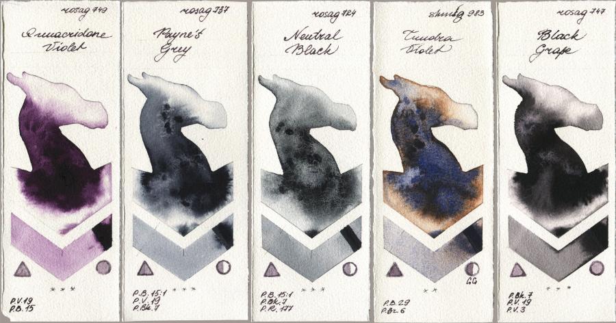 Rosa Gallery 749 Quinacridone Violet vs 737 Paynes Grey vs 724 Neutral Black vs Shminke Horadam Aquarell 983 Tundra Violet vs 747 Black Grape watercolor swatch