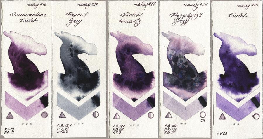 Rosa Gallery 749 Quinacridone Violet vs 737 Paynes Grey vs 785 Violet Quartz vs Roman Szmal Aquarius 401 Przybyszs Grey vs 710 Violet watercolor swatch