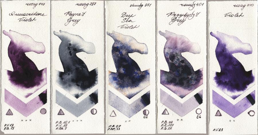 Rosa Gallery 749 Quinacridone Violet vs 737 Paynes Grey vs Shminke Horadam Aquarell 951 Deep Sea Violet vs Roman Szmal Aquarius 401 Przybyszs Grey vs 710 Violet watercolor swatch