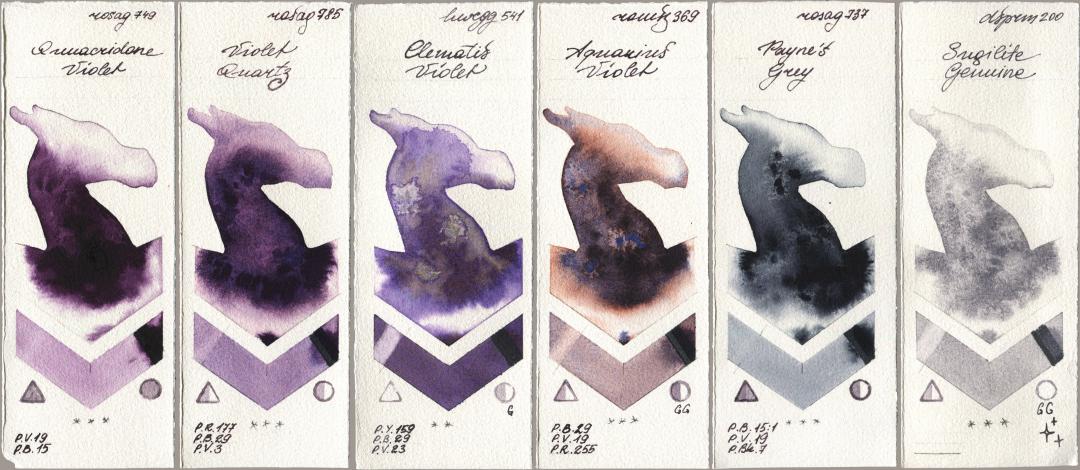 Rosa Gallery 749 Quinacridone Violet, 785 Violet Quartz, Holbein Artists Watercolor 541 Clematis Violet, Roman Szmal Aquarius 369 Aquarius Violet, 737 Paynes Grey, Daniel Smith 200 Sugilite Genui watercolor swatch