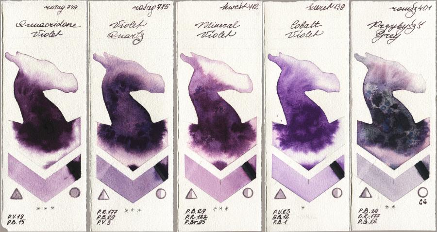 Rosa Gallery 749 Quinacridone Violet vs 785 Violet Quartz vs Holbein Artists Watercolor 112 Mineral Violet vs Kuretake Gansai Tambi 139 Cobalt Violet vs Roman Szmal Aquarius 401 Przybyszs Grey watercolor swatch