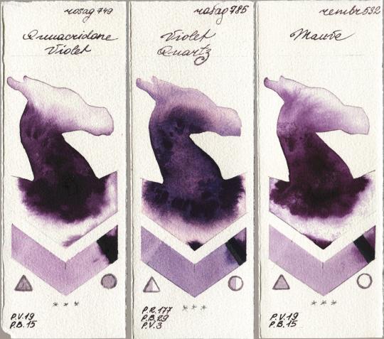 Rosa Gallery 749 Quinacridone Violet, 785 Violet Quartz, Royal Talens Rembrandt Watercolour 532 Mau watercolor swatch