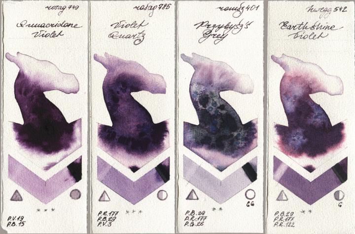Rosa Gallery 749 Quinacridone Violet, 785 Violet Quartz, Roman Szmal Aquarius 401 Przybyszs Grey, Holbein Artists Watercolor 542 Earthshine Viol watercolor swatch