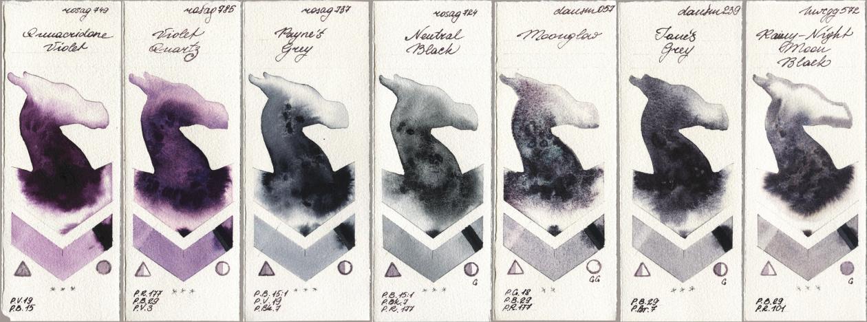 Rosa Gallery 749 Quinacridone Violet, 785 Violet Quartz, 737 Paynes Grey, 724 Neutral Black, Daniel Smith 057 Moonglow, 239 Janes Grey, Holbein Artists Watercolor 572 Rainy-Night Moon Ba watercolor swatch