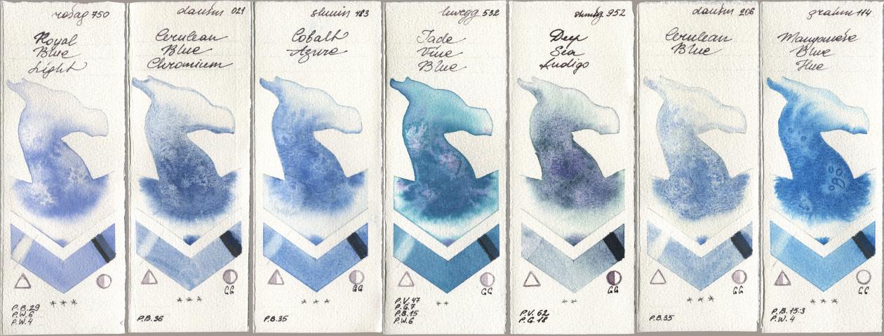 Rosa Gallery 750 Royal Blue Light, Daniel Smith 021 Cerulean Blue Chromium, Shminke Horadam Aquarell 483 Cobalt Azure, Holbein Artists Watercolor 532 Jade Vine Blue, 952 Deep Sea Indigo, 206 Cerulean Blue, M. Graham & Co. Artists 114 Manganese Blue H watercolor swatch