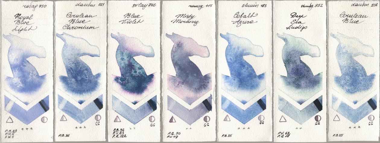 Rosa Gallery 750 Royal Blue Light, Daniel Smith 021 Cerulean Blue Chromium, SuperVision 742 Blue Violet, Roman Szmal Aquarius 415 Misty Morning, Shminke Horadam Aquarell 483 Cobalt Azure, 952 Deep Sea Indigo, 206 Cerulean Bl watercolor swatch