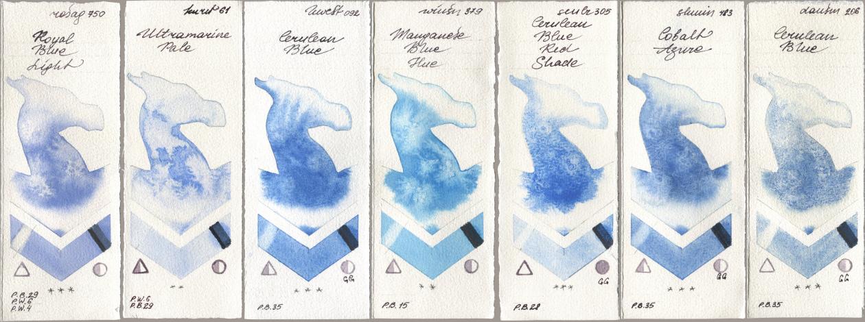 Rosa Gallery 750 Royal Blue Light, Kuretake Gansai Tambi 061 Ultramarine Pale, Holbein Artists Watercolor 092 Cerulean Blue, Winsor & Newton Professional 379 Manganese Blue Hue, Sennelier l Aquarelle 305 Cerulean Blue Red Shade, Shminke Horadam Aquarell 483 Cobalt Azure, Daniel Smith 206 Cerulean Bl watercolor swatch