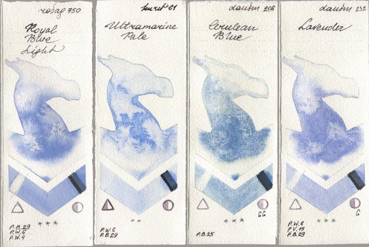 Rosa Gallery 750 Royal Blue Light, Kuretake Gansai Tambi 061 Ultramatire Pale, Daniel Smith 206 Cerulean Blue, 232 Lavend watercolor swatch