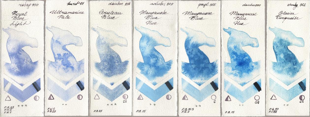 Rosa Gallery 750 Royal Blue Light, Kuretake Gansai Tambi 061 Ultramatire Pale, Daniel Smith 206 Cerulean Blue, Winsor & Newton Professional 379 Manganese Blue Hue, Golden QOR 355 Manganese Blue, 051 Manganese Blue Hue, Shminke Horadam Aquarell 962 Glacier Turquoi watercolor swatch