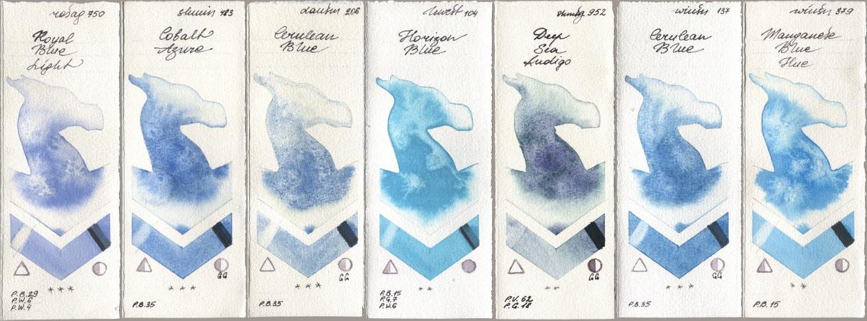 Rosa Gallery 750 Royal Blue Light, Shminke Horadam Aquarell 483 Cobalt Azure, Daniel Smith 206 Cerulean Blue, Holbein Artists Watercolor 104 Horizon Blue, 952 Deep Sea Indigo, Winsor & Newton Professional 137 Cerulean Blue, 379 Manganese Blue H watercolor swatch