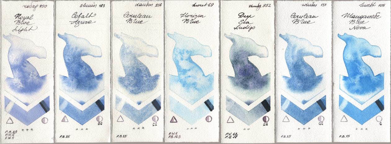 Rosa Gallery 750 Royal Blue Light, Shminke Horadam Aquarell 483 Cobalt Azure, Daniel Smith 206 Cerulean Blue, Kuretake Gansai Tambi 069 Horizon Blue, 952 Deep Sea Indigo, Winsor & Newton Professional 137 Cerulean Blue, Holbein Artists Watercolor 105 Manganese Blue No watercolor swatch