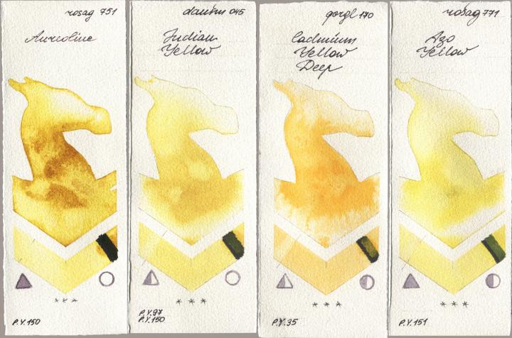 Rosa Gallery 751 Aureoline, Daniel Smith 045 Indian Yellow, Golden QOR 170 Cadmium Yellow Deep, 771 Azo Yell watercolor swatch