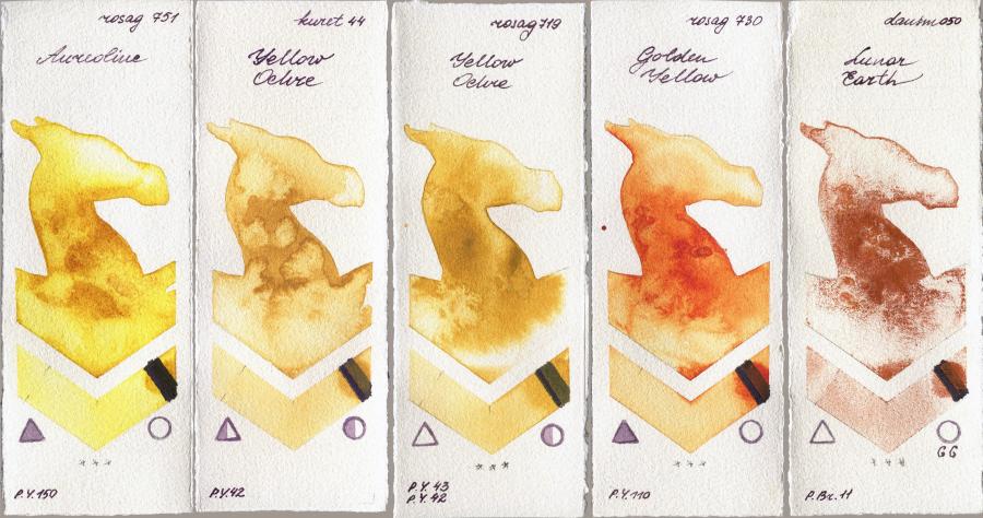 Rosa Gallery 751 Aureoline vs Kuretake Gansai Tambi 44 Yellow Ochre vs 719 Yellow Ochre vs 730 Golden Yellow vs Daniel Smith 050 Lunar Earth watercolor swatch