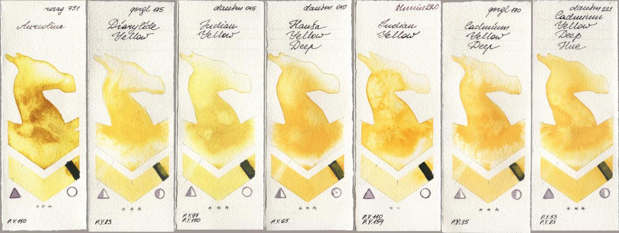 Rosa Gallery 751 Aureoline, Golden QOR 175 Diarylide Yellow, Daniel Smith 045 Indian Yellow, 040 Hansa Yellow Deep, Shminke Horadam Aquarell 220 Indian Yellow, 170 Cadmium Yellow Deep, 221 Cadmium Yellow Deep H watercolor swatch