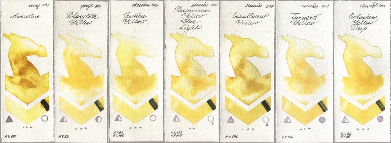 Rosa Gallery 751 Aureoline, Golden QOR 175 Diarylide Yellow, Daniel Smith 045 Indian Yellow, Shminke Horadam Aquarell 212 Chromium Yellow Hue Light, 209 Translucent Yellow, Winsor & Newton Professional 649 Turners Yellow, Holbein Artists Watercolor 043 Cadmium Yellow De watercolor swatch
