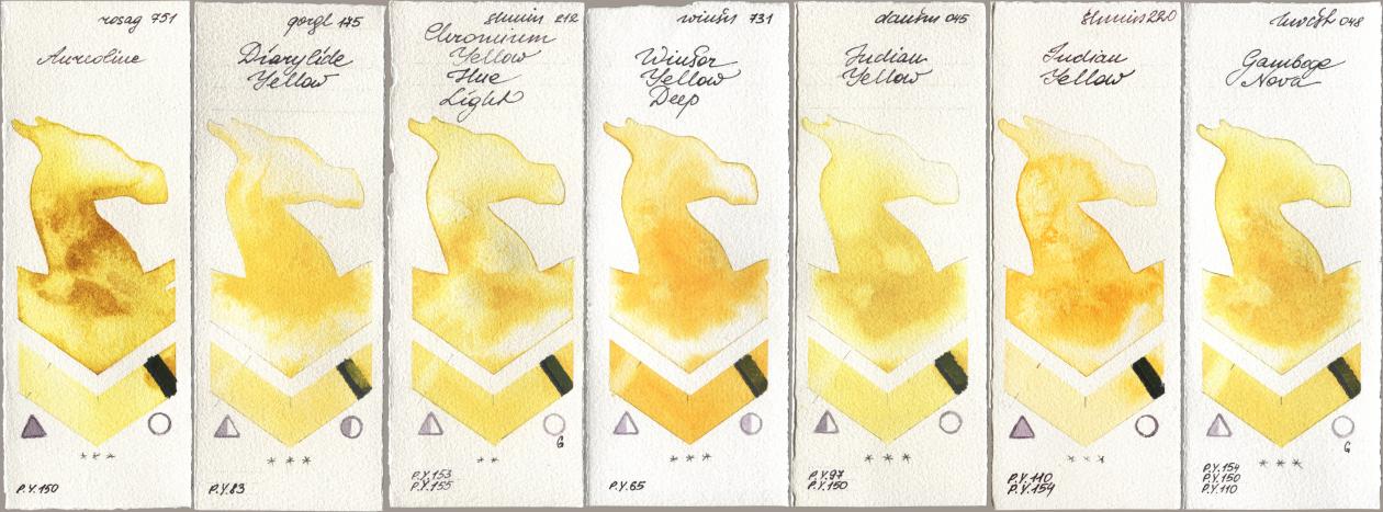 Rosa Gallery 751 Aureoline, Golden QOR 175 Diarylide Yellow, Shminke Horadam Aquarell 212 Chromium Yellow Hue Light, Winsor & Newton Professional 731 Winsor Yellow Deep, Daniel Smith 045 Indian Yellow, 220 Indian Yellow, Holbein Artists Watercolor 048 Gamboge No watercolor swatch