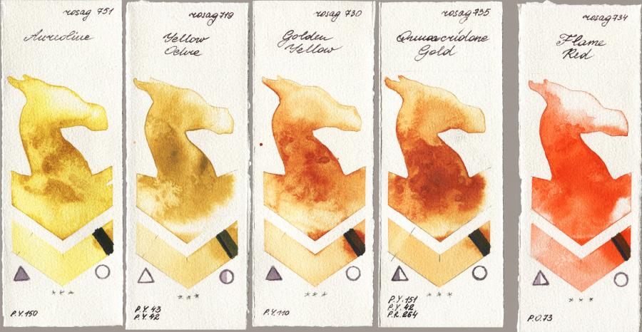Rosa Gallery 751 Aureoline vs 719 Yellow Ochre vs 730 Golden Yellow vs 735 Quinacridone Gold vs 734 Flame Red watercolor swatch