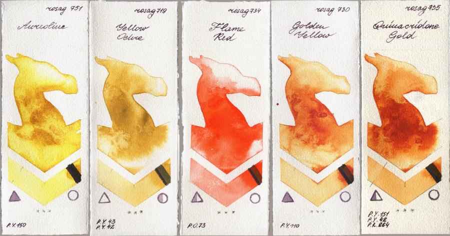 Rosa Gallery 751 Aureoline vs 719 Yellow Ochre vs 734 Flame Red vs 730 Golden Yellow vs 735 Quinacridone Gold watercolor swatch
