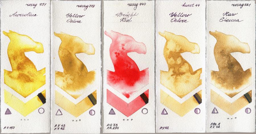 Rosa Gallery 751 Aureoline vs 719 Yellow Ochre vs 740 Bright Red vs Kuretake Gansai Tambi 44 Yellow Ochre vs 721 Raw Sienna watercolor swatch