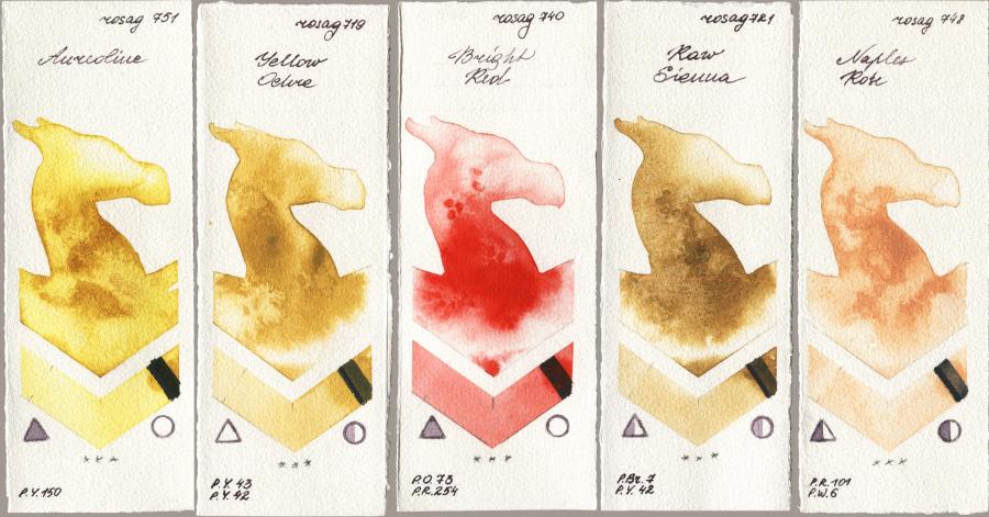 Rosa Gallery 751 Aureoline vs 719 Yellow Ochre vs 740 Bright Red vs 721 Raw Sienna vs 748 Naples Rose watercolor swatch