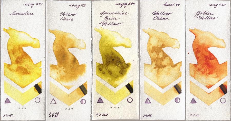 Rosa Gallery 751 Aureoline vs 719 Yellow Ochre vs Royal Talens Van Gogh Watercolour 296 Azomethine Green Yellow vs Kuretake Gansai Tambi 44 Yellow Ochre vs 730 Golden Yellow watercolor swatch