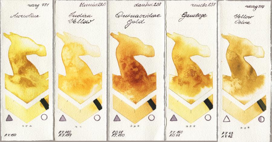 Rosa Gallery 751 Aureoline vs Shminke Horadam Aquarell 220 Indian Yellow vs Daniel Smith 238 Quinacridone Gold vs Royal Talens Rembrandt Watercolour 238 Gamboge vs 719 Yellow Ochre watercolor swatch