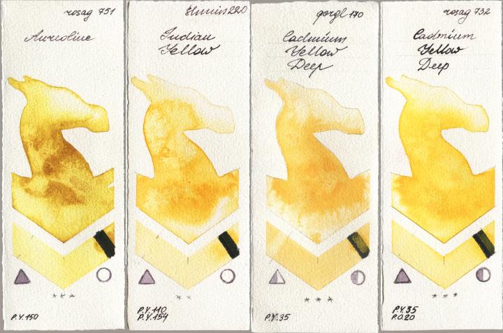 Rosa Gallery 751 Aureoline, Shminke Horadam Aquarell 220 Indian Yellow, Golden QOR 170 Cadmium Yellow Deep, 732 Cadmium Yellow De watercolor swatch