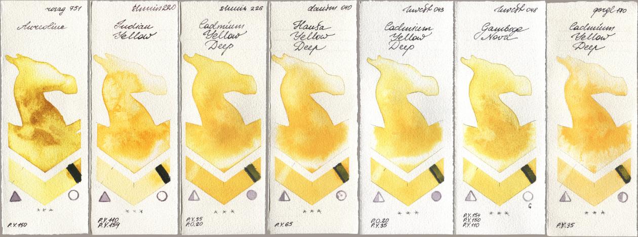 Rosa Gallery 751 Aureoline, Shminke Horadam Aquarell 220 Indian Yellow, 226 Cadmium Yellow Deep, Daniel Smith 040 Hansa Yellow Deep, Holbein Artists Watercolor 043 Cadmium Yellow Deep, 048 Gamboge Nova, Golden QOR 170 Cadmium Yellow De watercolor swatch