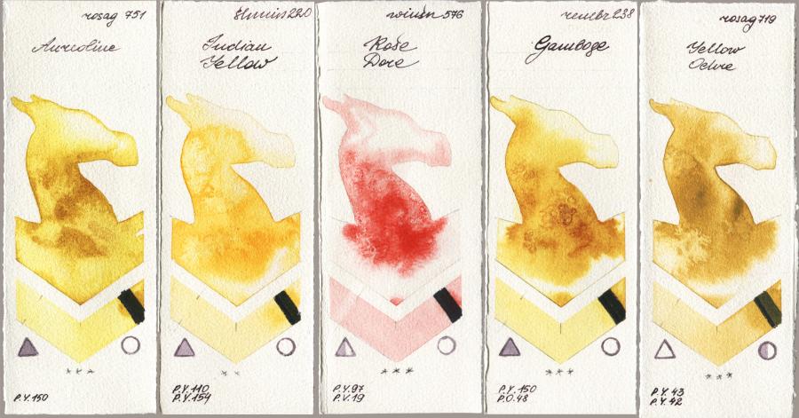 Rosa Gallery 751 Aureoline vs Shminke Horadam Aquarell 220 Indian Yellow vs Winsor & Newton Professional 576 Rose Dore vs Royal Talens Rembrandt Watercolour 238 Gamboge vs 719 Yellow Ochre watercolor swatch