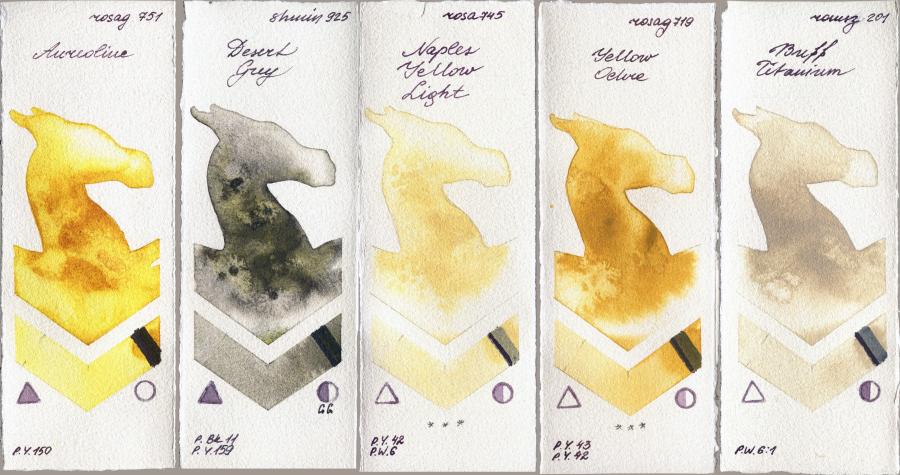Rosa Gallery 751 Aureoline vs Shminke Horadam Aquarell 925 Desert Grey vs 745 Naples Yellow Light vs 719 Yellow Ochre vs Roman Szmal Aquarius 201 Buff Titanium watercolor swatch
