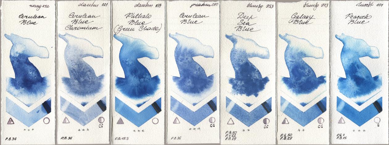 Rosa Gallery 752 Cerulean Blue, Daniel Smith 021 Cerulean Blue Chromium, 077 Phthalo Blue (Green Shade), M. Graham & Co. Artists 080 Cerulean Blue, Shminke Horadam Aquarell 953 Deep Sea Blue, 973 Galaxy Blue, Holbein Artists Watercolor 101 Peacock Bl watercolor swatch