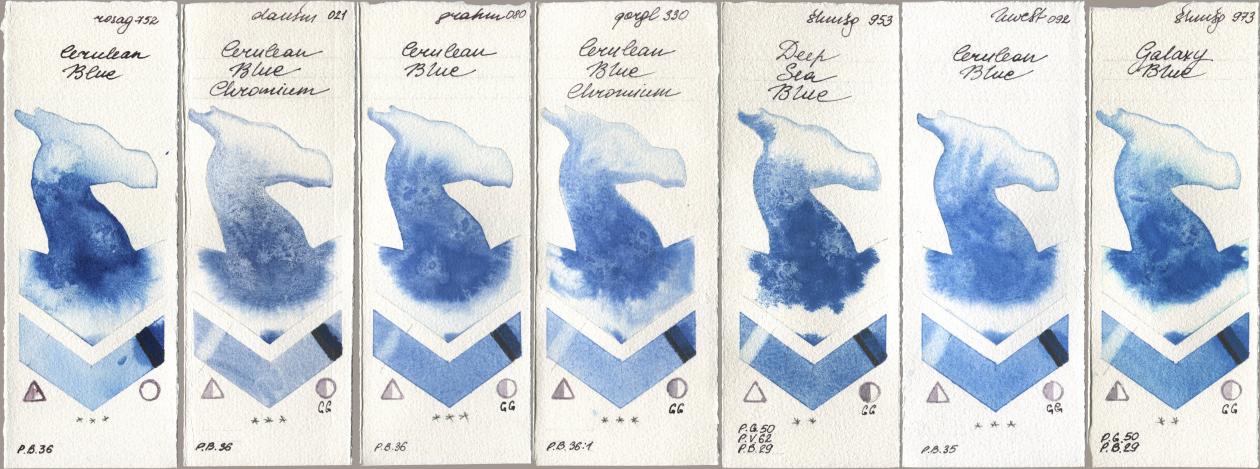 Rosa Gallery 752 Cerulean Blue, Daniel Smith 021 Cerulean Blue Chromium, M. Graham & Co. Artists 080 Cerulean Blue, Golden QOR 330 Cerulean Blue, Chromium, Shminke Horadam Aquarell 953 Deep Sea Blue, Holbein Artists Watercolor 092 Cerulean Blue, 973 Galaxy Bl watercolor swatch