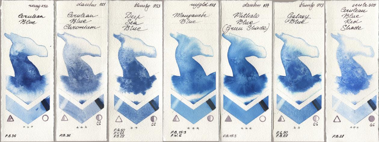 Rosa Gallery 752 Cerulean Blue, Daniel Smith 021 Cerulean Blue Chromium, Shminke Horadam Aquarell 953 Deep Sea Blue, Mijello Mission Gold 548 Manganese Blue, 077 Phthalo Blue (Green Shade), 973 Galaxy Blue, Sennelier l Aquarelle 305 Cerulean Blue Red Sha watercolor swatch