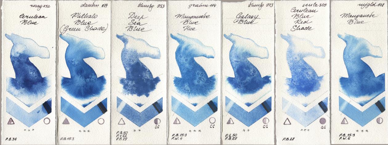 Rosa Gallery 752 Cerulean Blue, Daniel Smith 077 Phthalo Blue (Green Shade), Shminke Horadam Aquarell 953 Deep Sea Blue, M. Graham & Co. Artists 114 Manganese Blue Hue, 973 Galaxy Blue, Sennelier l Aquarelle 305 Cerulean Blue Red Shade, Mijello Mission Gold 548 Manganese Bl watercolor swatch
