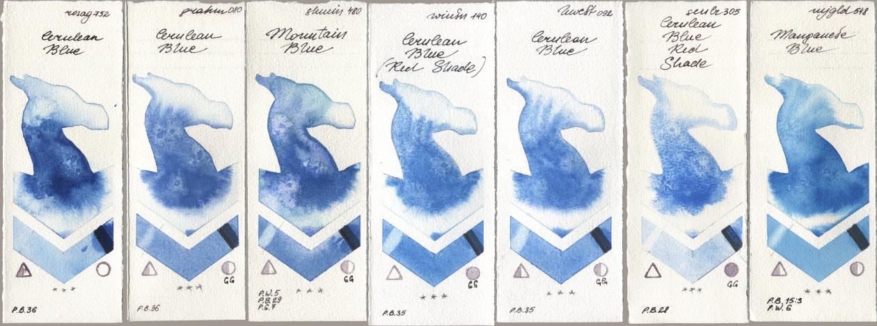 Rosa Gallery 752 Cerulean Blue, M. Graham & Co. Artists 080 Cerulean Blue, Shminke Horadam Aquarell 480 Mountain Blue, Winsor & Newton Professional 140 Cerulean Blue (Red Shade), Holbein Artists Watercolor 092 Cerulean Blue, Sennelier l Aquarelle 305 Cerulean Blue Red Shade, Mijello Mission Gold 548 Manganese Bl watercolor swatch