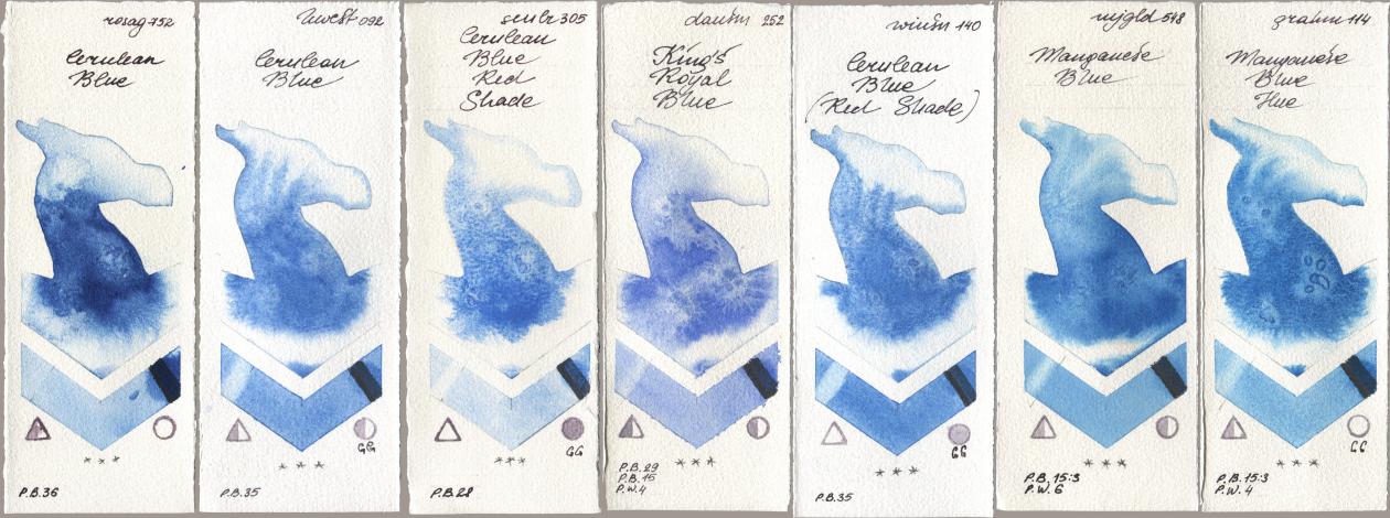 Rosa Gallery 752 Cerulean Blue, Holbein Artists Watercolor 092 Cerulean Blue, Sennelier l Aquarelle 305 Cerulean Blue Red Shade, Daniel Smith 252 King’s Royal Blue, Winsor & Newton Professional 140 Cerulean Blue (Red Shade), Mijello Mission Gold 548 Manganese Blue, M. Graham & Co. Artists 114 Manganese Blue H watercolor swatch