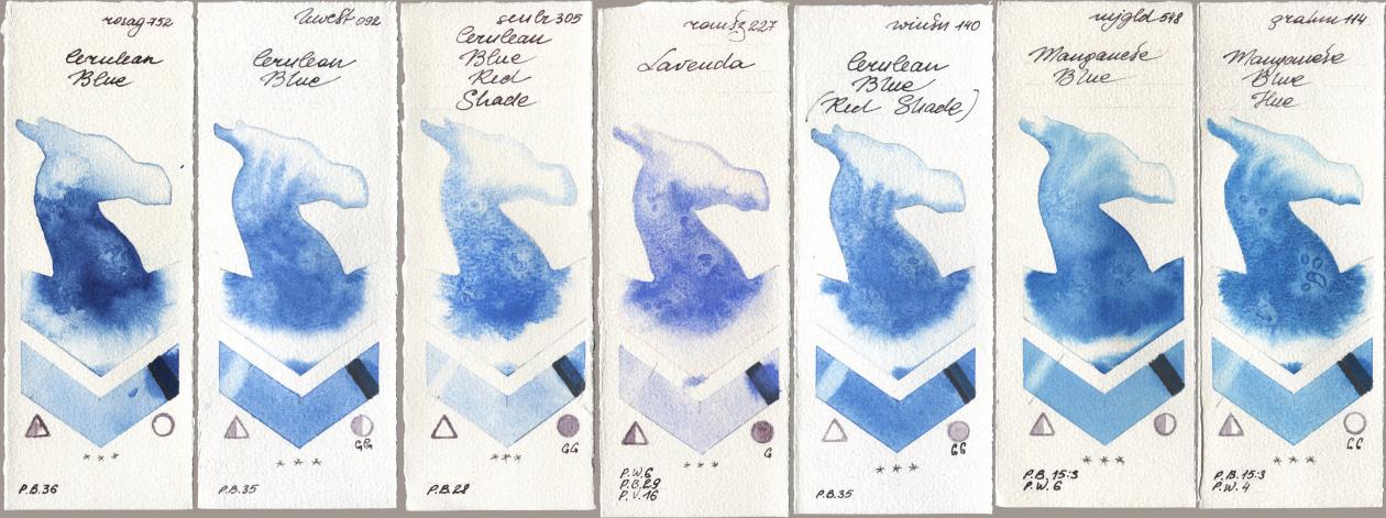 Rosa Gallery 752 Cerulean Blue, Holbein Artists Watercolor 092 Cerulean Blue, Sennelier l Aquarelle 305 Cerulean Blue Red Shade, Roman Szmal Aquarius 227 Lavenda, Winsor & Newton Professional 140 Cerulean Blue (Red Shade), Mijello Mission Gold 548 Manganese Blue, M. Graham & Co. Artists 114 Manganese Blue H watercolor swatch