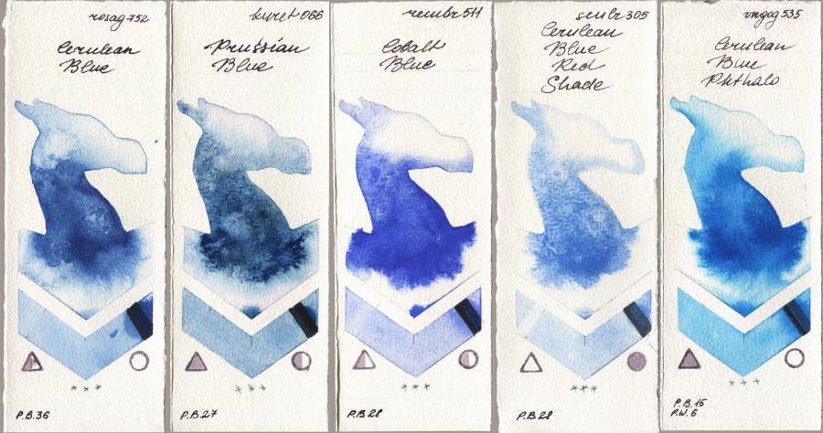 Rosa Gallery 752 Cerulean Blue vs Kuretake Gansai Tambi 066 Prussian Blue vs Royal Talens Rembrandt Watercolour 511 Cobalt Blue vs Sennelier l Aquarelle 305 Cerulean Blue Red Shade vs Royal Talens Van Gogh Watercolour 535 Cerulean Blue Phthalo watercolor swatch