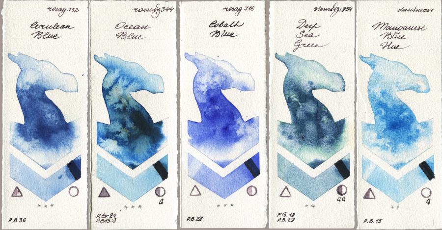 Rosa Gallery 752 Cerulean Blue vs Roman Szmal Aquarius 344 Ocean Blue vs 716 Cobalt Blue vs Shminke Horadam Aquarell 954 Deep Sea Green vs Daniel Smith 051 Manganese Blue Hue watercolor swatch